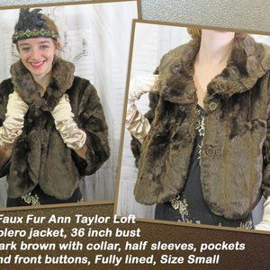 Sz S Faux Fur bolero jacket, Ann Taylor Loft, Dark brown, Collar, Half sleeves
